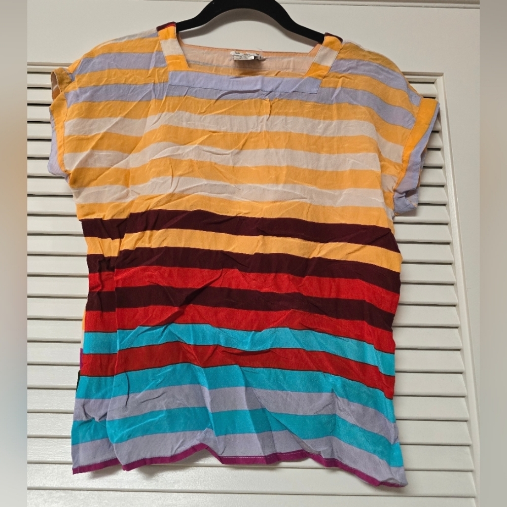 Ann Tjian Kenar - Vintage 100% Silk Colourful Striped Short-Sleeve Top